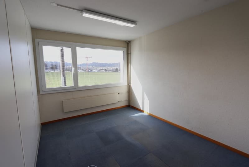 empty room, large window, beige walls, blue carpet, central heating
