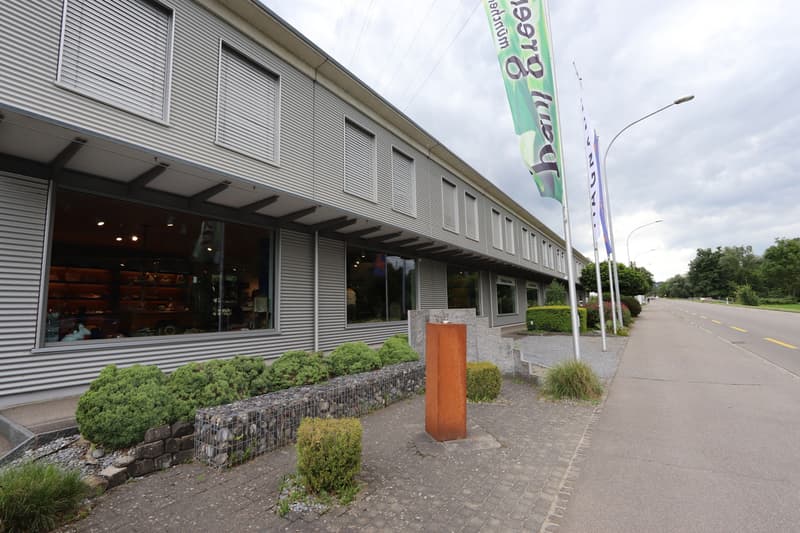 industrial building, glass windowed storefront, street light, hedges, large bollard, sidewalk
