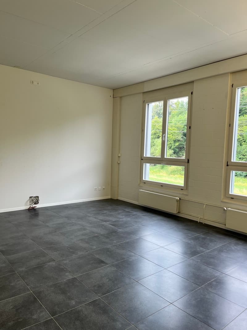 large empty room, white walls, black tiled floor, large windows