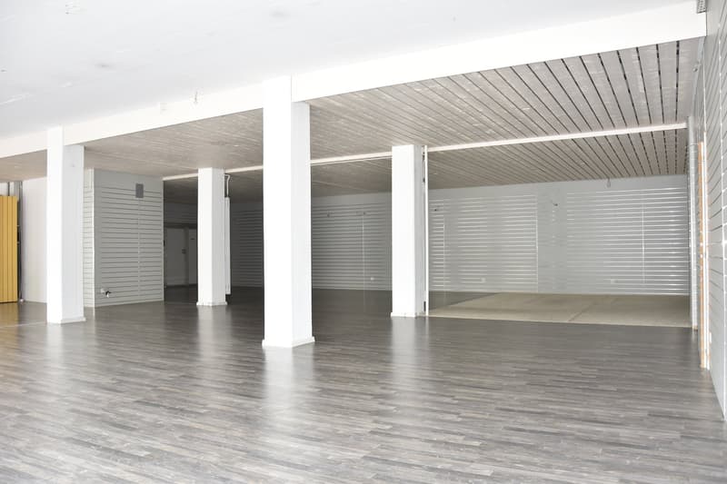 empty room, gray walls, wooden flooring, white ceiling, pillars