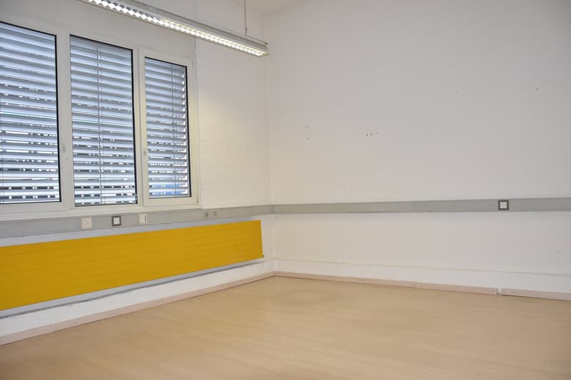 empty room, white walls, wooden floor, windows with blinds, yellow wall panel, power outlets