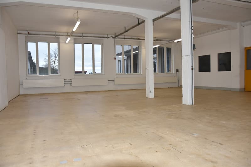Large, empty room, concrete floor, white walls, white ceiling, metal pipes, ceiling lights, windows