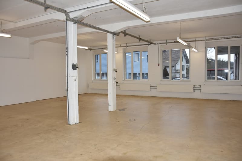 Empty room, metal beams, 2 pillars, large windows, concrete floor