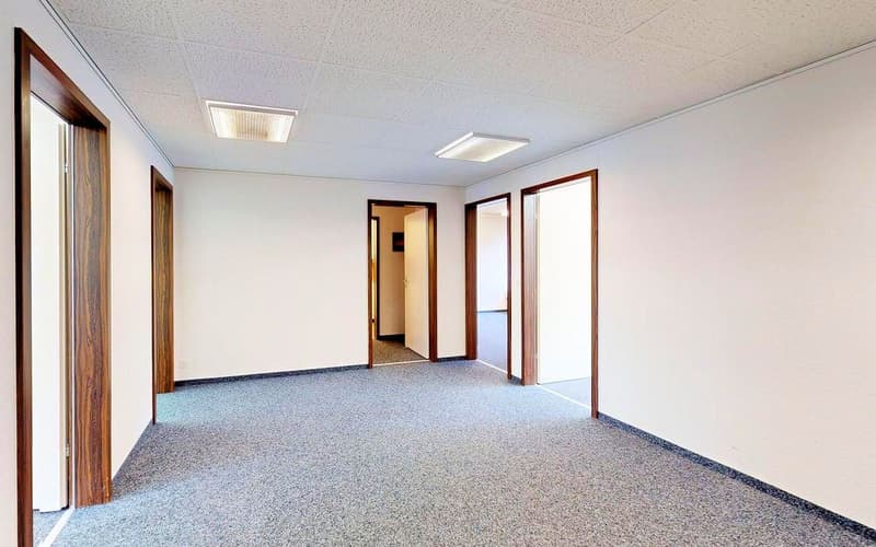Empty room, with white walls, gray flooring, wooden doors, 4 additional rooms visible