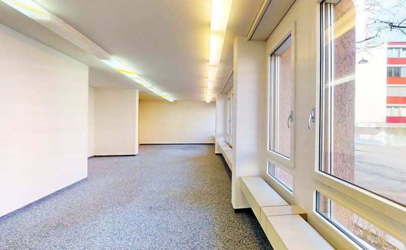 Empty room with white walls, white ceiling, carpeted floor, large windows