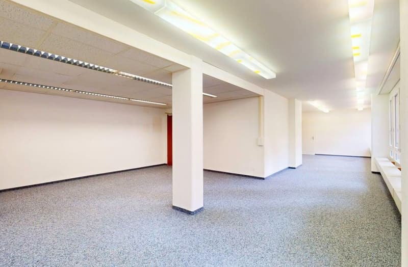 Empty room with white walls and gray flooring, equipped with a red door and built-in white pillars.