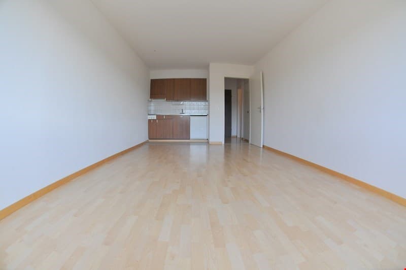 empty room, wooden floor, white walls, kitchen with cabinets and sink