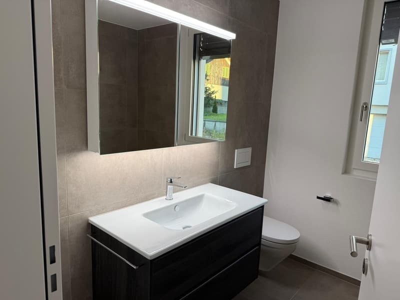 modern minimalist bathroom with white sink, mirror, dark cabinet, white toilet and white tiles