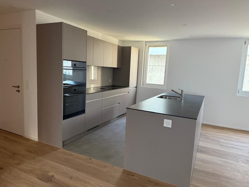 Modern kitchen with gray cabinets, wooden floors, gray countertop, stainless steel sink, faucet, and electrical outlet