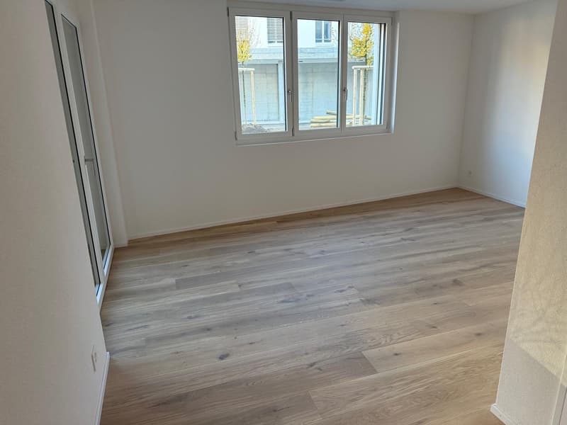 empty room, wooden floor, large window, glass door, white walls