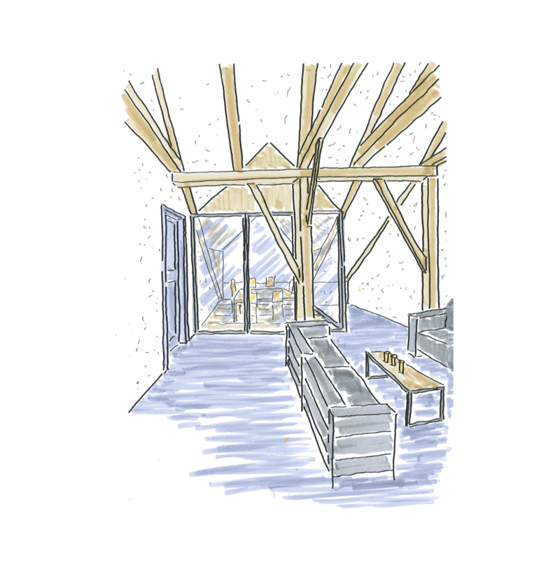 main living area with large windows, door leading to another room