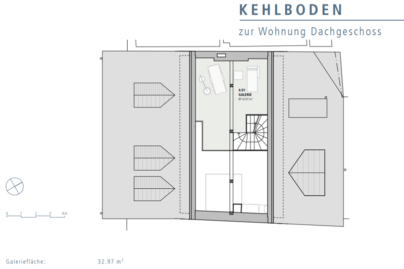 Floor plan includes gallery, kitchen, 1 bedroom, bathroom, living room, stairs, loft area