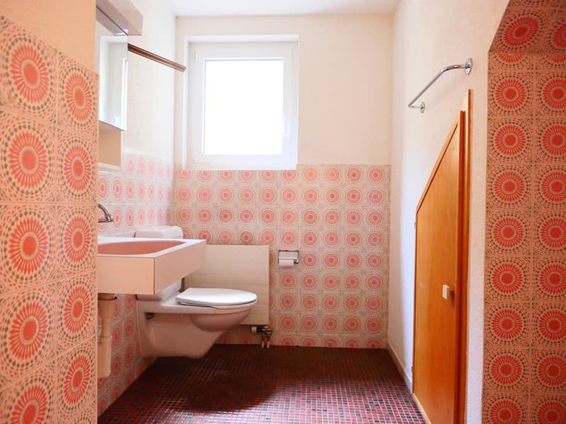 The image shows a bathroom with a patterned orange and white tile wall, a white toilet, a vanity with a sink, and a window. The floor appears to be covered with a dark-colored tile or mosaic pattern.