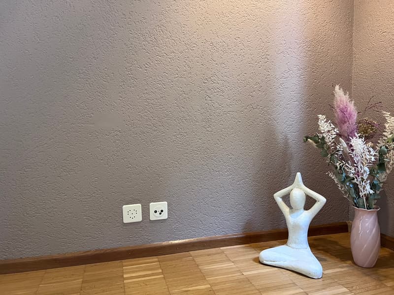 A room with a gray wall, wooden floor, a white statue, and a pink vase with flowers.