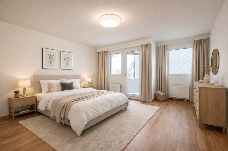 Schlafzimmer mit Balkon mit Möblierung AI