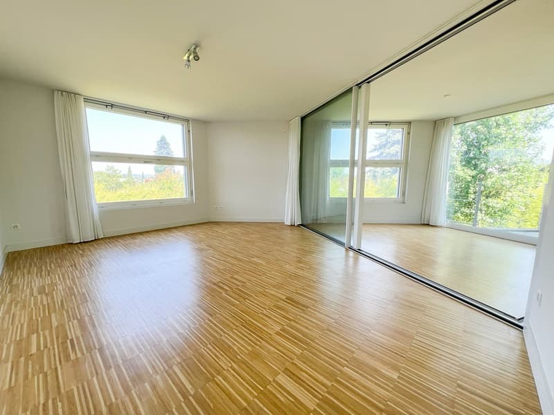 empty room, wooden floor, large windows, sliding glass doors, balcony, trees view