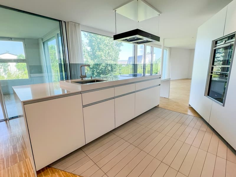modern kitchen with white cabinets, wooden floor, large windows, stainless steel sink, faucet, and a glass backsplash