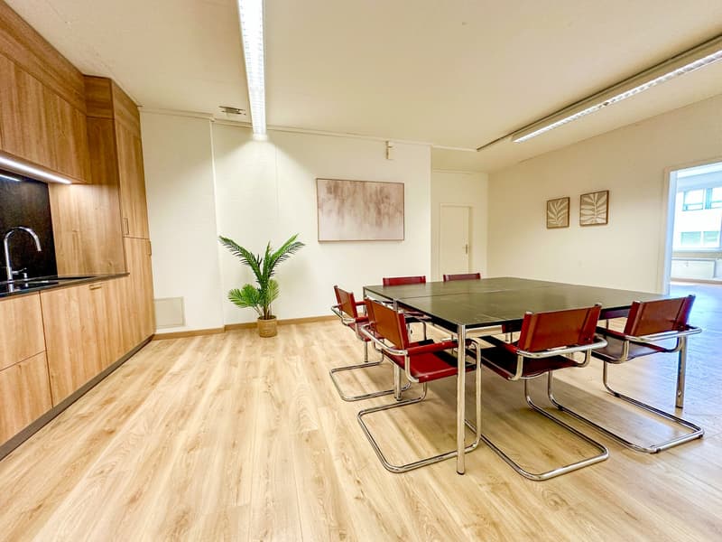 modern kitchen with wooden cabinets, black table, red chairs, potted plant, white walls, ceiling lights