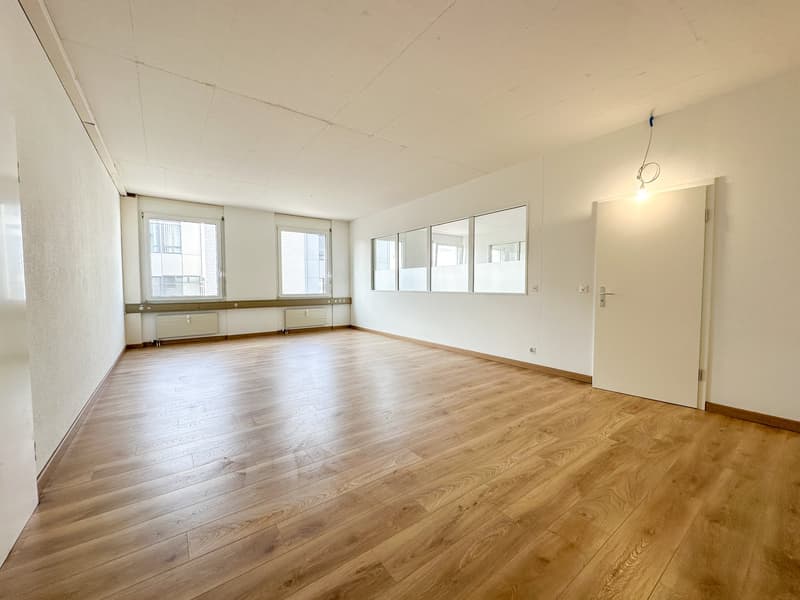 empty room, wooden floor, white walls, windows, radiators, door