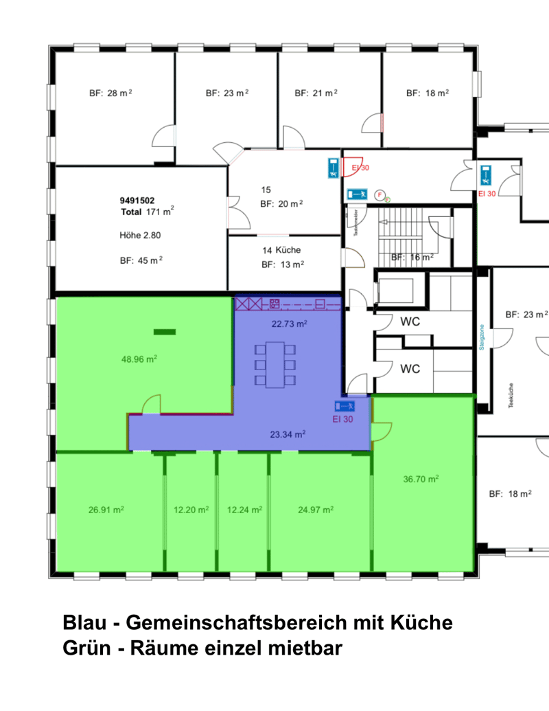 Floor plan with multiple rooms, including a kitchen, two bathrooms, and a shared area with a kitchen.