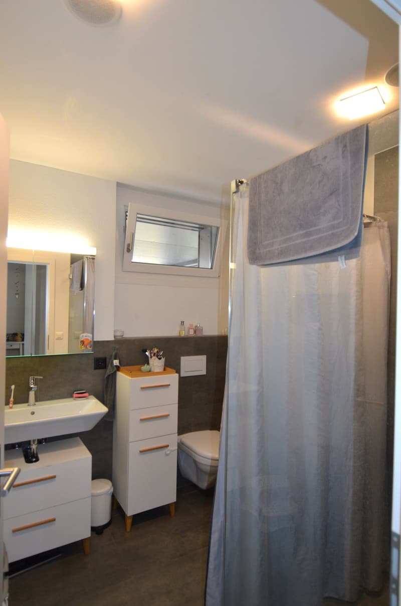 Small bathroom with toilet, shower, sink, cabinet, storage unit, and a window