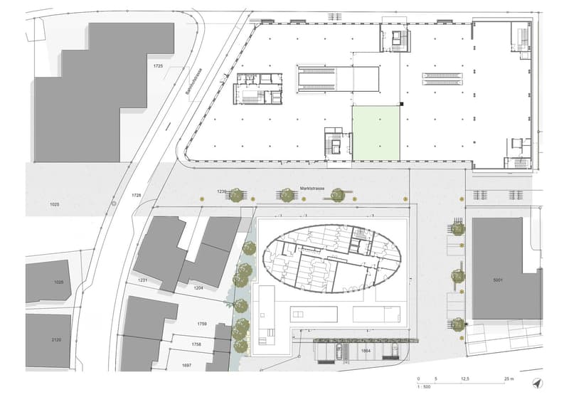 Central oval room, multiple rooms, entrance, outdoor areas, parking spots