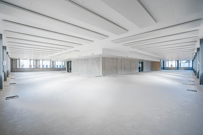 modern empty room, concrete columns, white ceilings, industrial glass windows