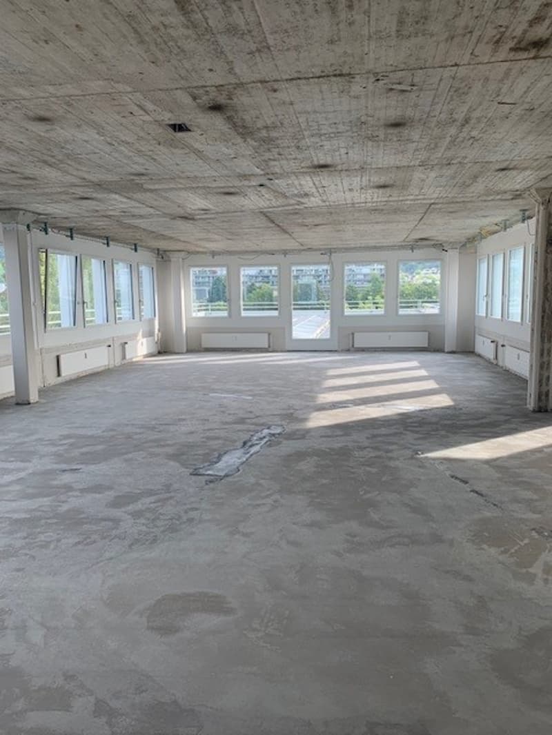 open room, grey concrete floor, multiple windows, exposed beams, white walls, two white pillars, two white window sills, concrete ceiling