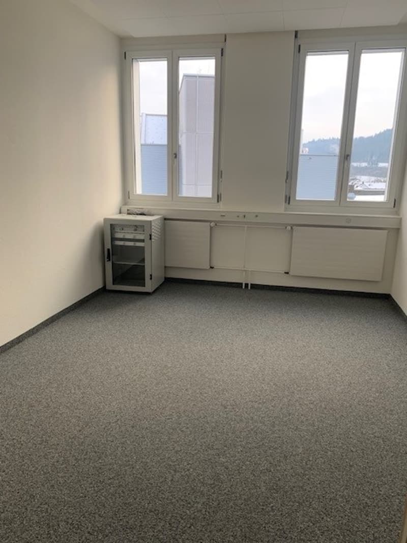 empty room with carpet, windows, central heating unit, storage box