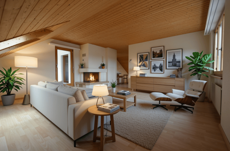 Wohnzimmer mit Cheminée - 31m2 (KI generierte Möblierung)