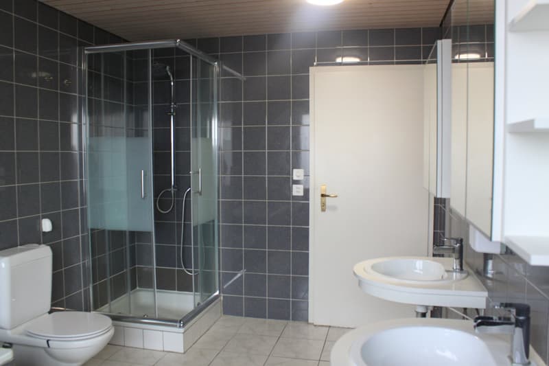 Tiled bathroom with modern glass enclosed shower, double sinks, toilet, and tiled floor