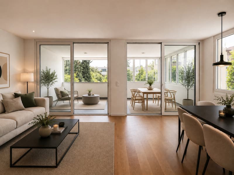 Visualisierung Wohn-/Esszimmer mit Wintergarten