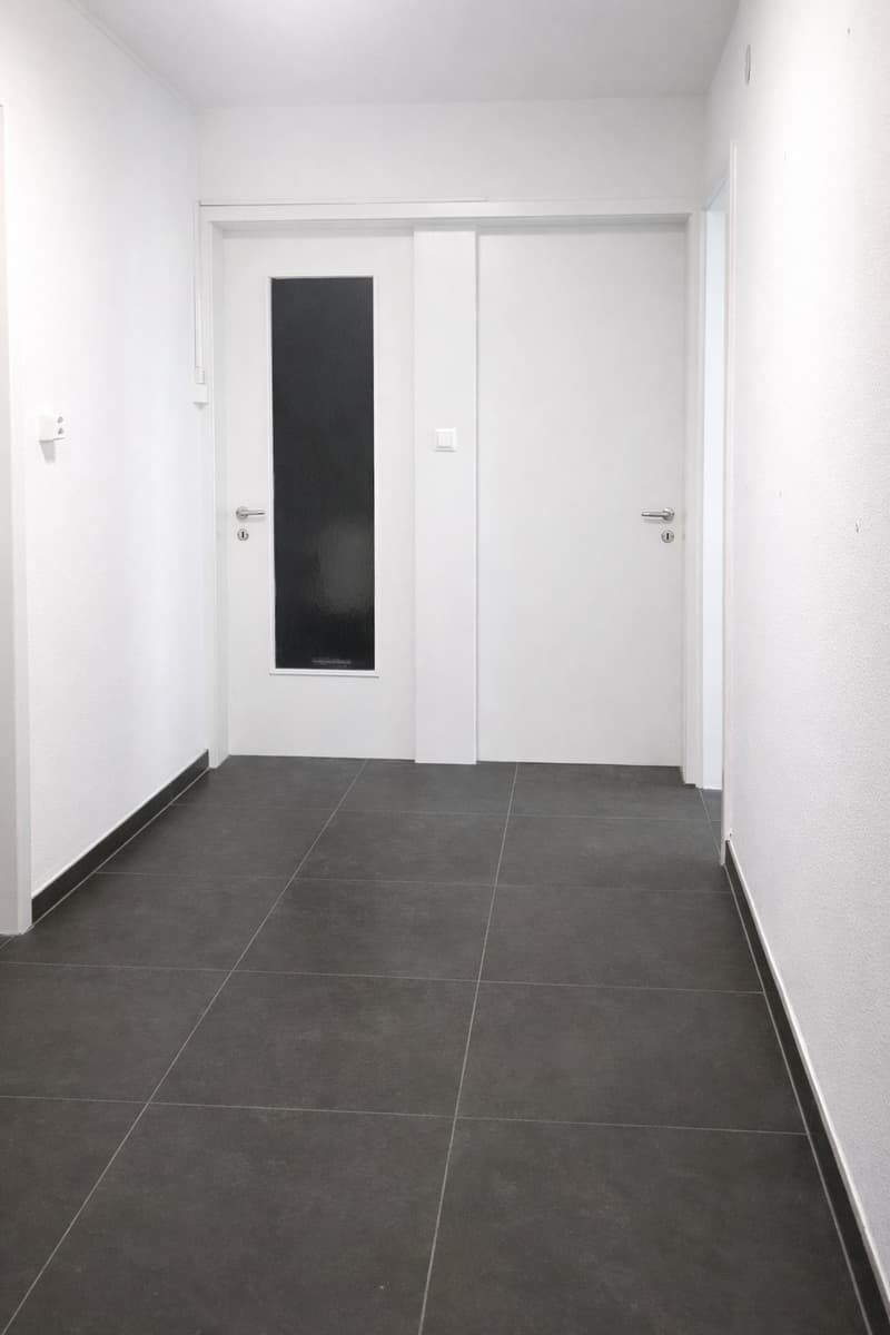 empty corridor, white walls, black tiles, double doors, single light on wall