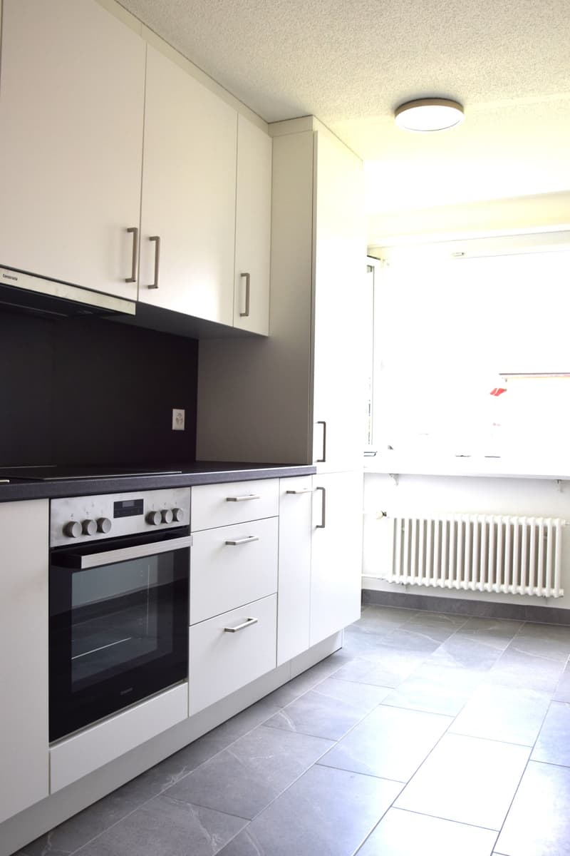 modern kitchen with white cabinets, black countertops, built-in oven, dishwasher, and a white radiator