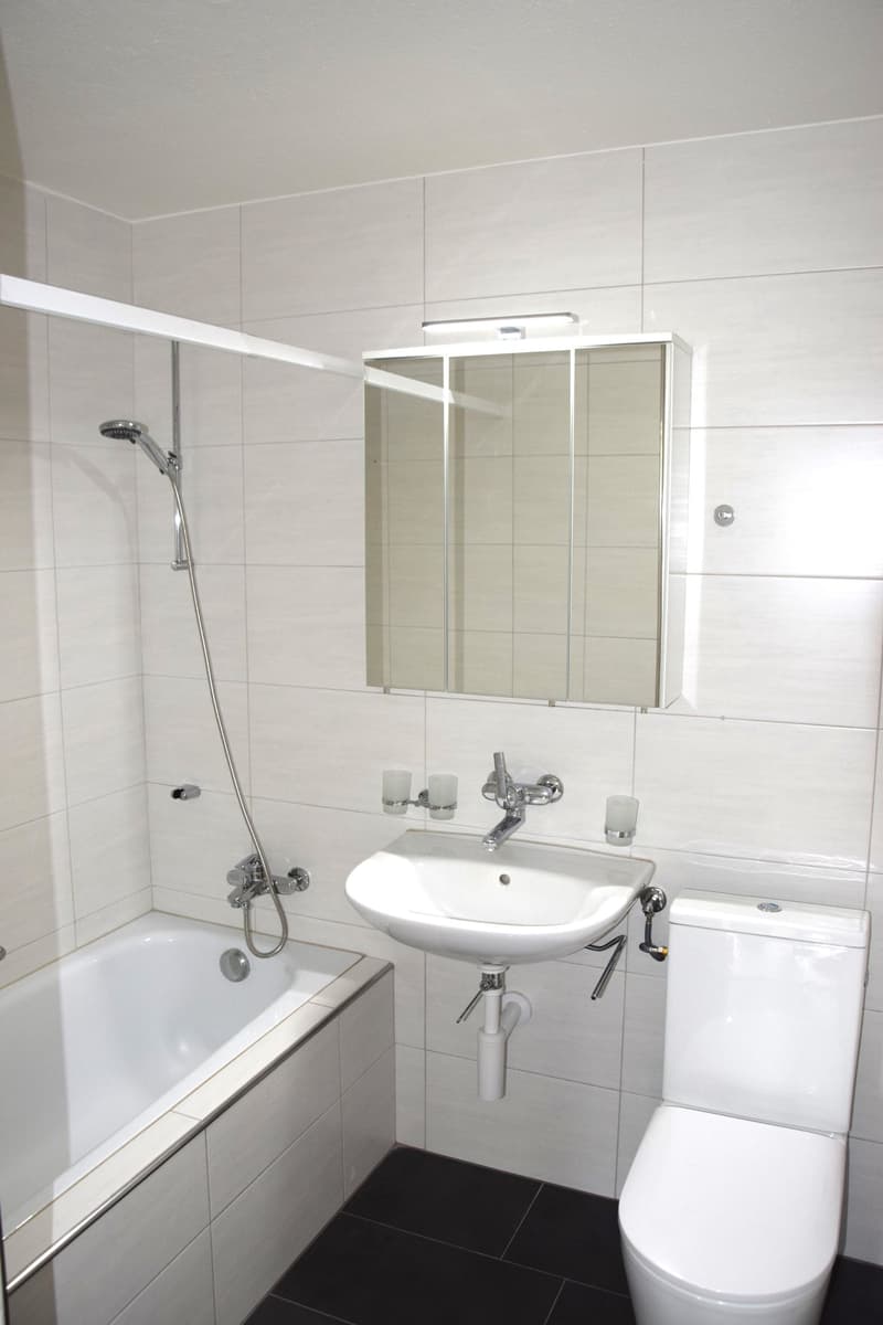 Bathroom with bathtub, sink, toilet, mirror, and shower head