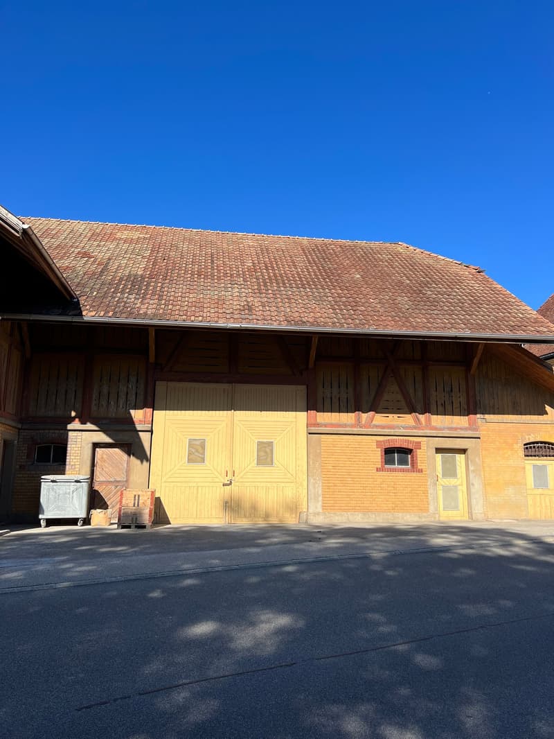Large yellow building, red tiled roof, wooden doors, brick wall on the side