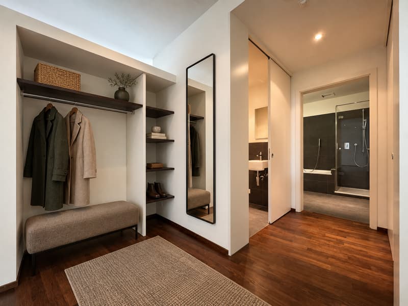 Garderobe (Foto einer baugleichen Wohnung mit beispielhafter Möblierung. Abweichungen sind möglich; die Wohnung wird unmöbliert vermietet)