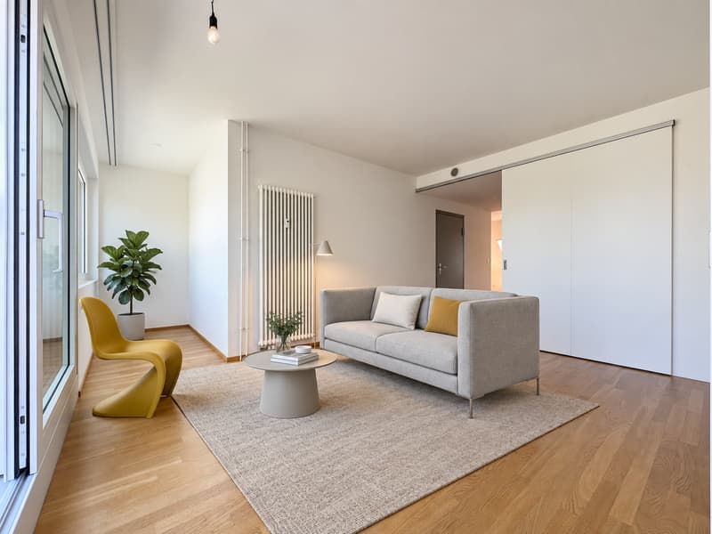 Zimmer 1 (Die abgebildeten Möbel wurden mithilfe von KI ergänzt und dienen ausschliesslich der Veranschaulichung der Räume; die Wohnung wird unmöbliert vermietet)