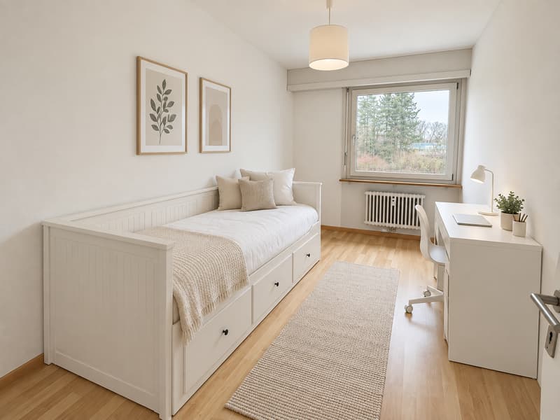 Zimmer 2 (Die abgebildeten Möbel wurden mithilfe von KI ergänzt und dienen ausschliesslich der Veranschaulichung der Räume; die Wohnung wird unmöbliert vermietet)