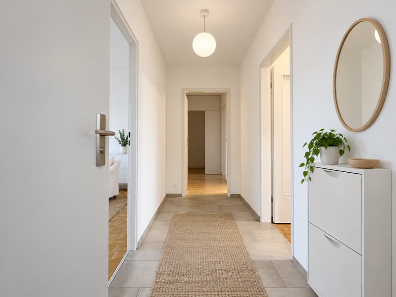 Korridor (Die abgebildeten Möbel wurden mithilfe von KI ergänzt und dienen ausschliesslich der Veranschaulichung der Räume; die Wohnung wird unmöbliert vermietet)