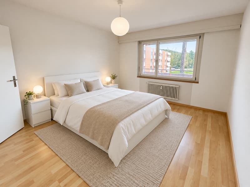 Zimmer 1 (Die abgebildeten Möbel wurden mithilfe von KI ergänzt und dienen ausschliesslich der Veranschaulichung der Räume; die Wohnung wird unmöbliert vermietet)