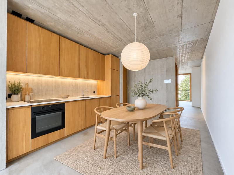 Küche (Die abgebildeten Möbel wurden mithilfe von KI ergänzt und dienen ausschliesslich der Veranschaulichung der Räume; die Wohnung wird unmöbliert vermietet)