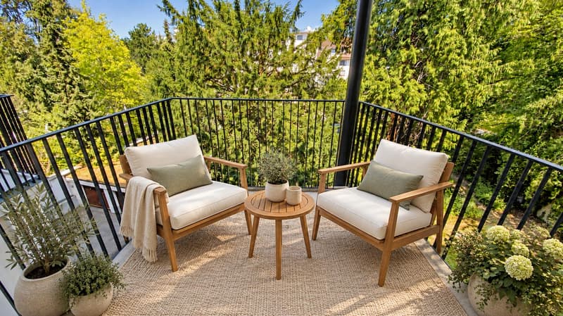 Balkon Hofseite (Die abgebildeten Möbel wurden mithilfe von KI ergänzt und dienen ausschliesslich der Veranschaulichung der Räume; die Wohnung wird unmöbliert vermietet)