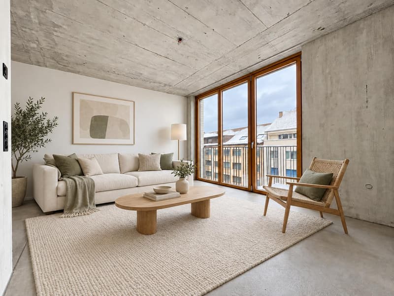 Wohnzimmer (Die abgebildeten Möbel wurden mithilfe von KI ergänzt und dienen ausschliesslich der Veranschaulichung der Räume; die Wohnung wird unmöbliert vermietet)