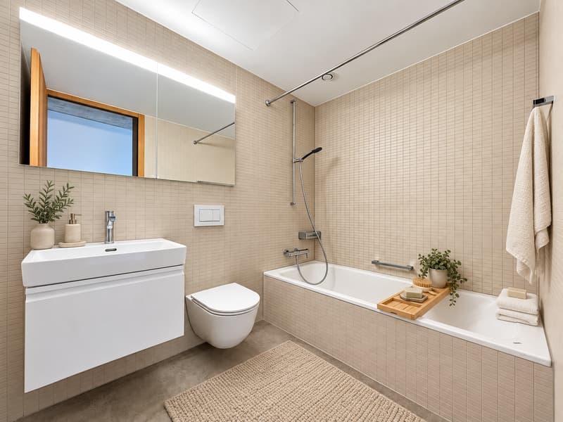 Badezimmer (Die abgebildeten Möbel wurden mithilfe von KI ergänzt und dienen ausschliesslich der Veranschaulichung der Räume; die Wohnung wird unmöbliert vermietet)