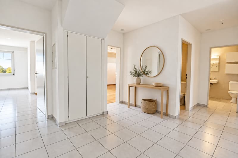 Gang (Die abgebildeten Möbel wurden mithilfe von KI ergänzt und dienen ausschliesslich der Veranschaulichung der Räume; die Wohnung wird unmöbliert vermietet)