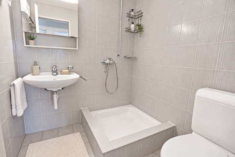 Sep. Dusche mit WC (Die abgebildeten Möbel wurden mithilfe von KI ergänzt und dienen ausschliesslich der Veranschaulichung der Räume; die Wohnung wird unmöbliert vermietet)