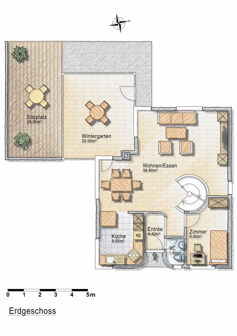 Entrance hall, kitchen, living/dining room, WC, bedroom, balcony, winter garden, outdoor seating area
