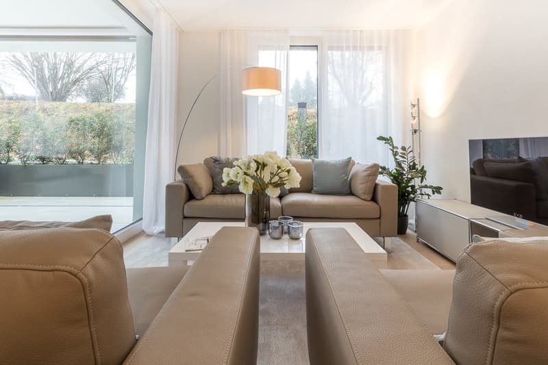 large windows, couches, table, flower vase, TV