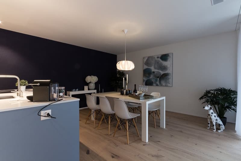 Modern dining room with white desk, 6 chairs, modern art on wall, hanging lamp, black wall, dog statue, plants